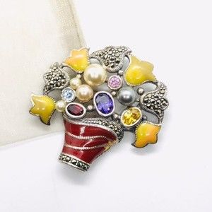 vintage Sterling SilverFlower enamel stone Brooch